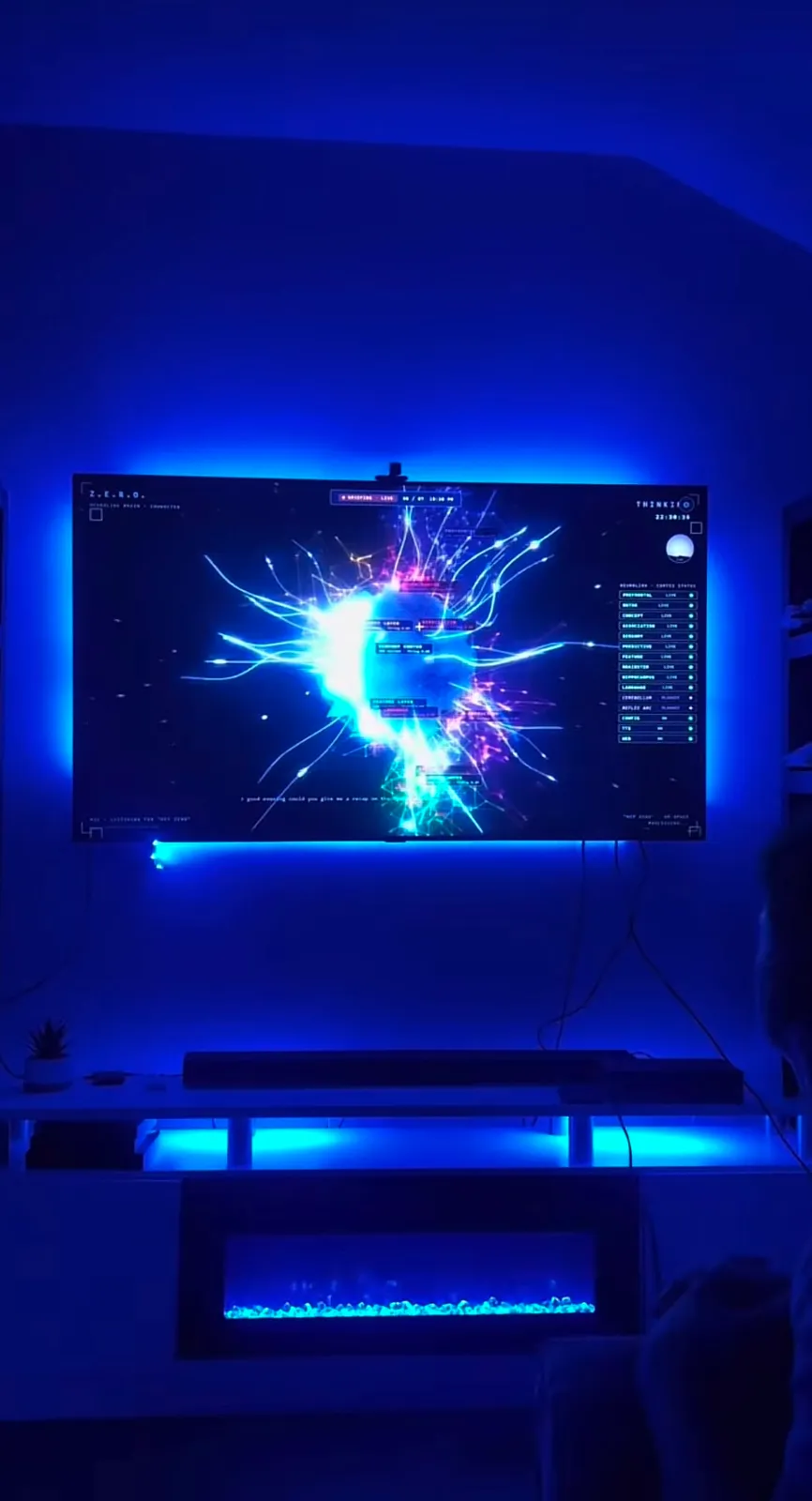 Jarvis AI Z.E.R.O. on TV with blue lighting